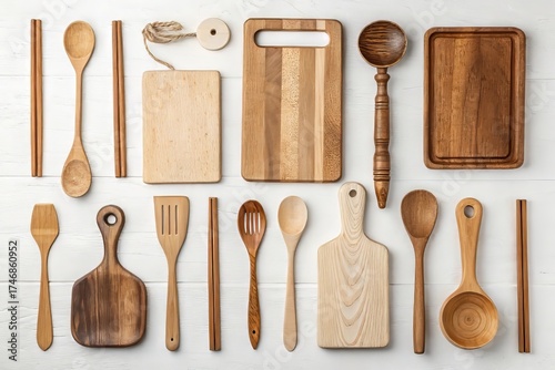 Elevate your culinary projects with rustic wooden kitchen utensils, cutting boards, and chopsticks arranged on a clean white surface for cooking inspiration