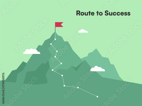 Route to Success Mountain Path Illustration with Red Flag on Green Landscape Background