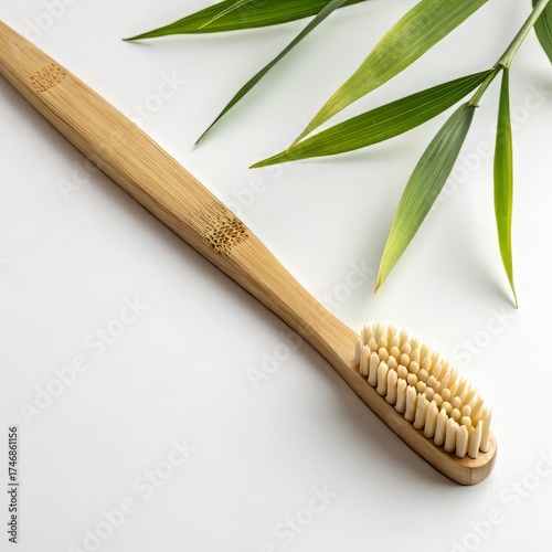 Eco friendly bamboo toothbrush with natural green leaves on white background conveying sustainable personal care and organic lifestyle choices