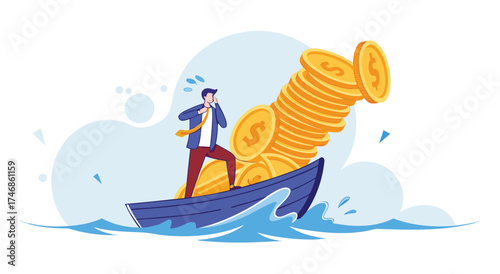Businessman struggling to balance finances on a sinking boat.

