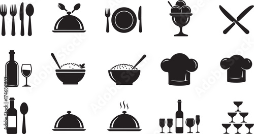 Restaurant and catering icon pack tableware symbols with plate, fork, knife, spoon, menu logotypes and kitchen cutlery signs  vector artwork