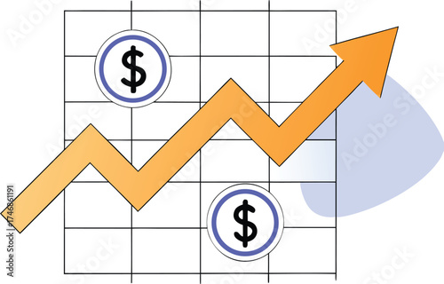 Stock market graph icon upward arrow with dollar signs and grid representing financial growth
