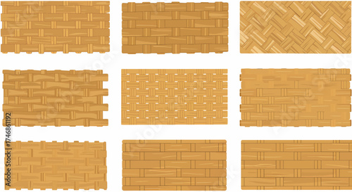 Nine rectangular patterns of woven wood or straw textures