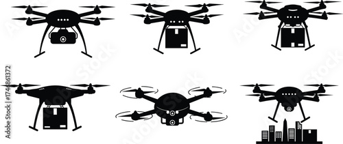 Set of modern drone silhouettes with quadcopter and hexacopter designs for delivery, surveillance, aerial photography, and urban technology illustration vector