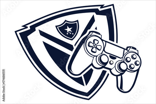 3D Render of Game Controller Icon in Shield Logo Design