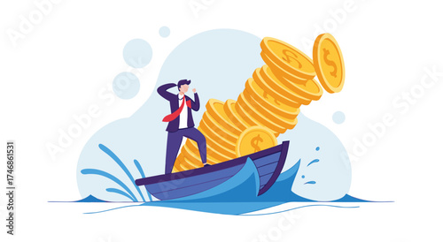 Businessman struggling to balance finances on a sinking boat.

