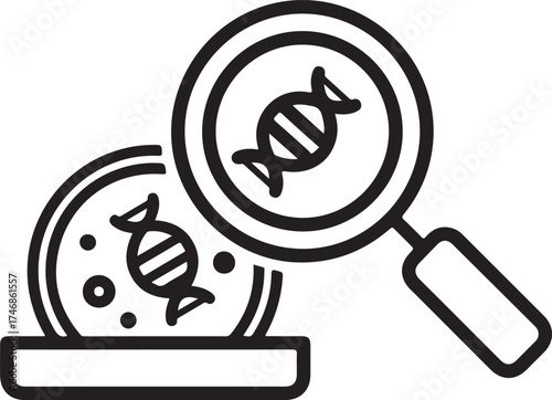 Vector art of lab test verified icon magnifying glass over petri dish with dna symbol, representing scientific analysis, verification, and confirmation in a laboratory setting on