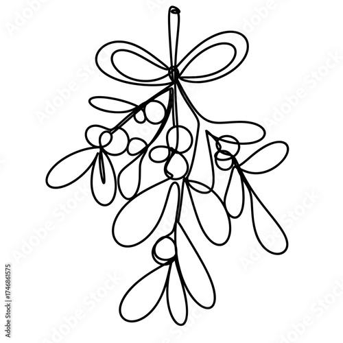 Hanging mistletoe bouquet with bow one line art drawing