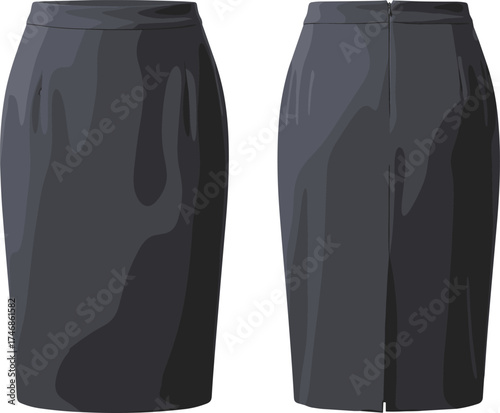 Pencil skirt flat sketch, front and back view, women’s fashion apparel design, formal clothing illustration, garment construction technical drawing template