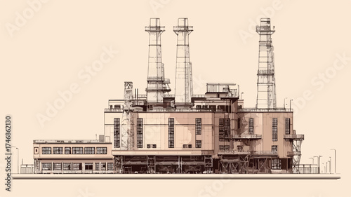 Art Deco Power Station in Industrial Cityscape Retro Style Illustration