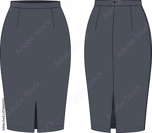 Pencil skirt flat sketch, front and back view, high waist fitted design, women’s fashion apparel illustration, garment construction technical drawing