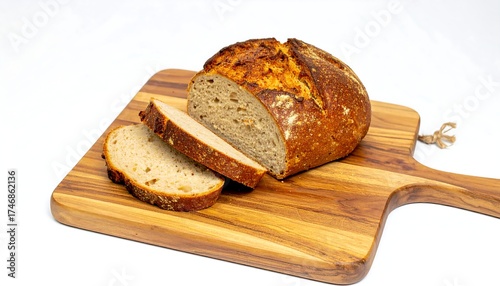 A crusty loaf of bread sits on a wooden cutting board with two slices cut in front. The lighting is bright