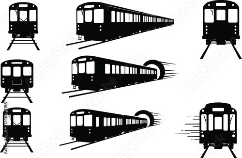 Set of nine black train silhouette vector icons showing front, side, angled views, tunnels, and motion speed transportation designs