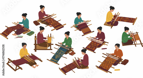 Eleven women weaving patterned textiles on various looms in a white space