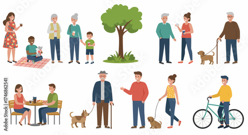 Diverse groups of people interacting outdoors with food pets and activities