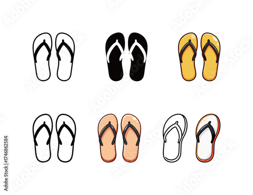 Flip Flops Icon Set: Summer Beach Footwear and Casual Sandal Symbols in Different Styles.