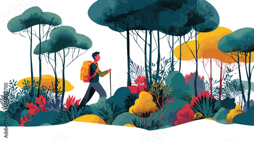 Adventure Backpacker Hiking in Enchanted Forest Trail Vector Illustration