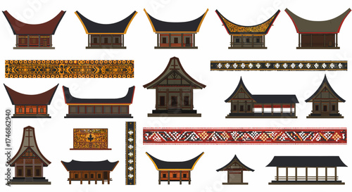 Collection of traditional Indonesian houses and decorative textile patterns