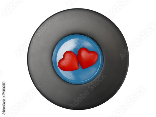 Two red hearts on black and blue plate over white background