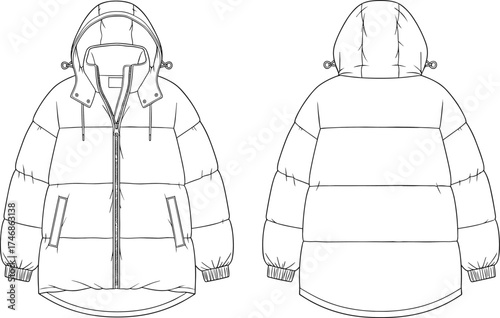 Puffer jacket flat sketch, front and back view, hooded winter coat design, quilted outerwear illustration, fashion apparel garment construction drawing