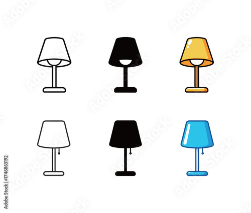 Bedside Table Lamp Icon Set: Home and Bedroom Lighting Fixture in Outline, Silhouette, and Cartoon Styles.