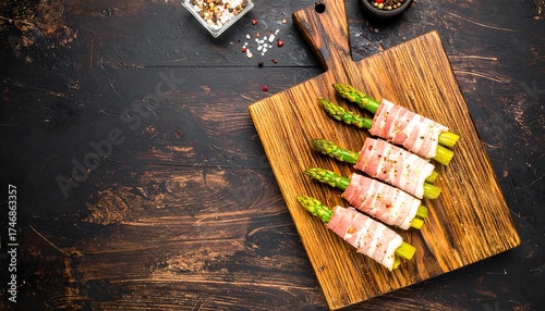A culinary composition showcases asparagus spears wrapped in bacon, beautifully presented on a rustic wooden cutting board. Spices and seasonings accent the scene