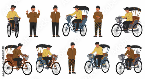 Collection of illustrations depicting Indonesian rickshaw drivers and pedestrians in traditional attire