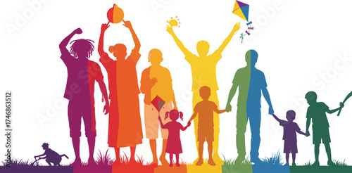 Colorful community silhouettes, family diversity illustration, rainbow people activities, children playing, parents bonding, unity concept, LGBT pride, lifestyle design, teamwork, happiness