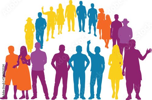 Colorful human silhouettes, diverse community illustration, rainbow people design, inclusion concept, teamwork unity, multicultural group, lifestyle diversity, abstract art, equality, happiness