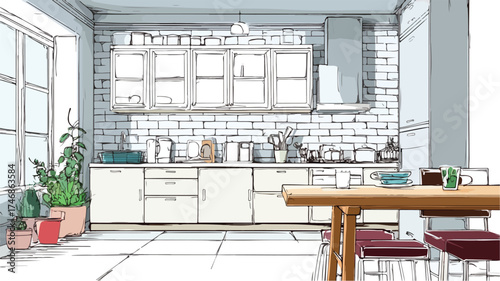 Charming Cartoon Kitchen Interior with Table, Counter, Cabinets, and Window