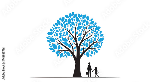A silhouette of a parent and child holding hands beneath a tree.

