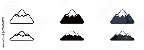 Snow Mountain Icon Set: Nature, Landscape, and Winter Peak Symbol in Line Art, Solid, and Color Styles.