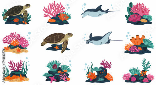 Collection of cartoon sea turtles manta rays and diverse coral reef formations