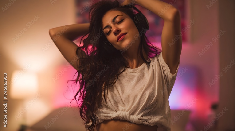 Naklejka premium Young woman with headphones dancing and enjoying music in a room with vibrant moody ambient lighting conveying a sense of freedom and bliss