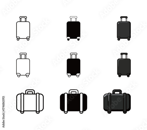 Luggage Suitcase Icon Set: Travel Bag and Vacation Symbol in Outline, Glyph, and Flat Color Styles.
