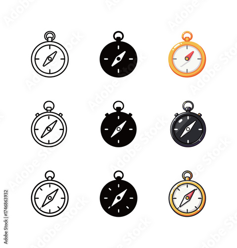 Compass Icon Set: Navigation, Direction, and Orienteering Symbol in Outline, Glyph, and Color Styles.