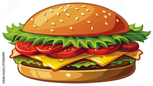 Very beautiful close-up A A classic hamburger recipe made with a bun, meat, cheese, lettuce, tomato, and ketchup. The sandwich is presented on a white background.