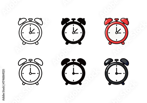 Alarm Clock Icon Set - Outline, Solid, and Colorful Vector Symbol of Time, Wake Up, and Deadline