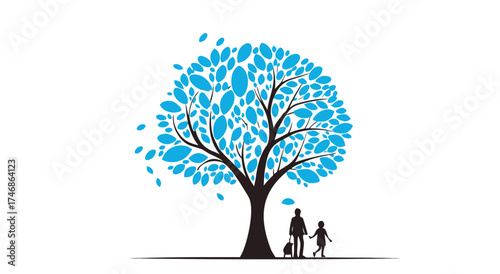 A silhouette of a parent and child holding hands beneath a tree.

