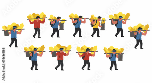 Cartoon gold miners carrying ore loads on their shoulders