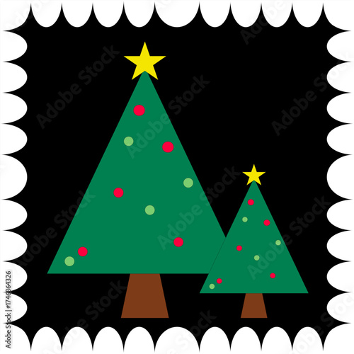 Seamless, Colorful Christmas trees with decorations and stars, set against a black background, create a festive atmosphere.
