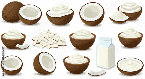 Assortment of whole coconuts halved coconuts coconut cream flakes and milk carton