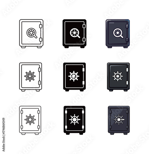 Safe Box Icon Set - Outline, Solid, and Colorful Vector Symbol of Security, Money, and Protection
