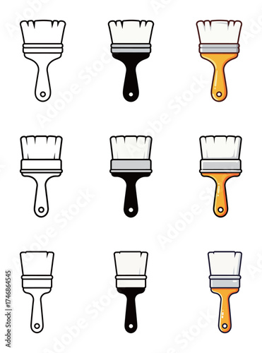 Paint Brush Icon Set - Outline, Solid, and Colorful Vector Symbol of Painting, Art, and Renovation