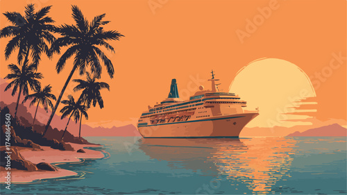 Luxury Cruise Ship at Beautiful Orange Sunset on Ocean Vacation Hill