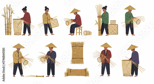 Artisans weaving bamboo baskets and preparing materials