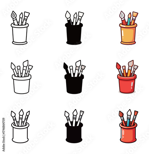 Paint Brushes in Holder Icon Set - Outline, Solid, and Colorful Vector Symbol of Art, Creativity, and Painting