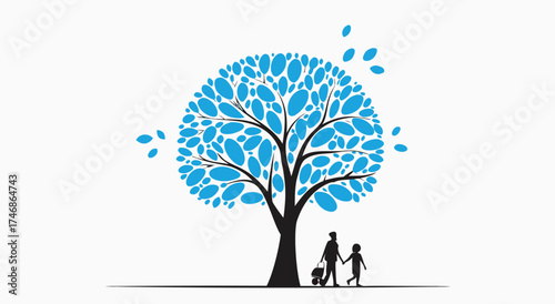 A silhouette of a parent and child holding hands beneath a tree.


