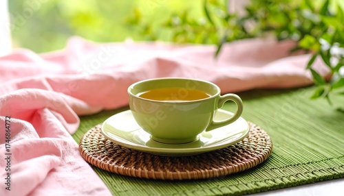 A cup of tea rests on a woven mat, atop a green placemat, near a draped pink cloth. Lush greenery is blurred in the background