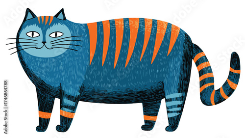 Charming Cartoon Blue Cat with Orange Stripes - Pet Animal Illustration